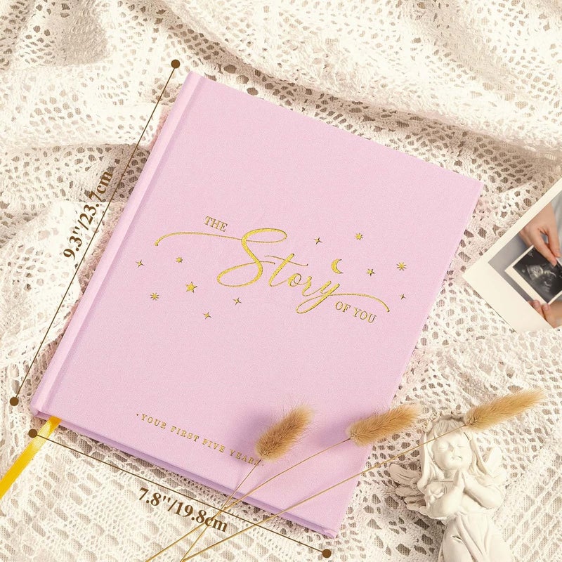 Lanpn Baby Memory Book  Linen Baby Book Memories Keepsake  The Story of You  Newborn Baby First 5 Year Journal Scrapbook Photo Book Milestone Album for Boy Girl New Parents Pink 154 Pages - Image 2