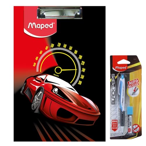 Maped Theme Exam kit - 2pc set (Car design) |Sturdy Clipboard and Automatic Mechanical Pencil|Pen Pencil|Exam Pad for Students|Ideal for School Students | Essential Exam Kit| Automatic Pencil - Image 1