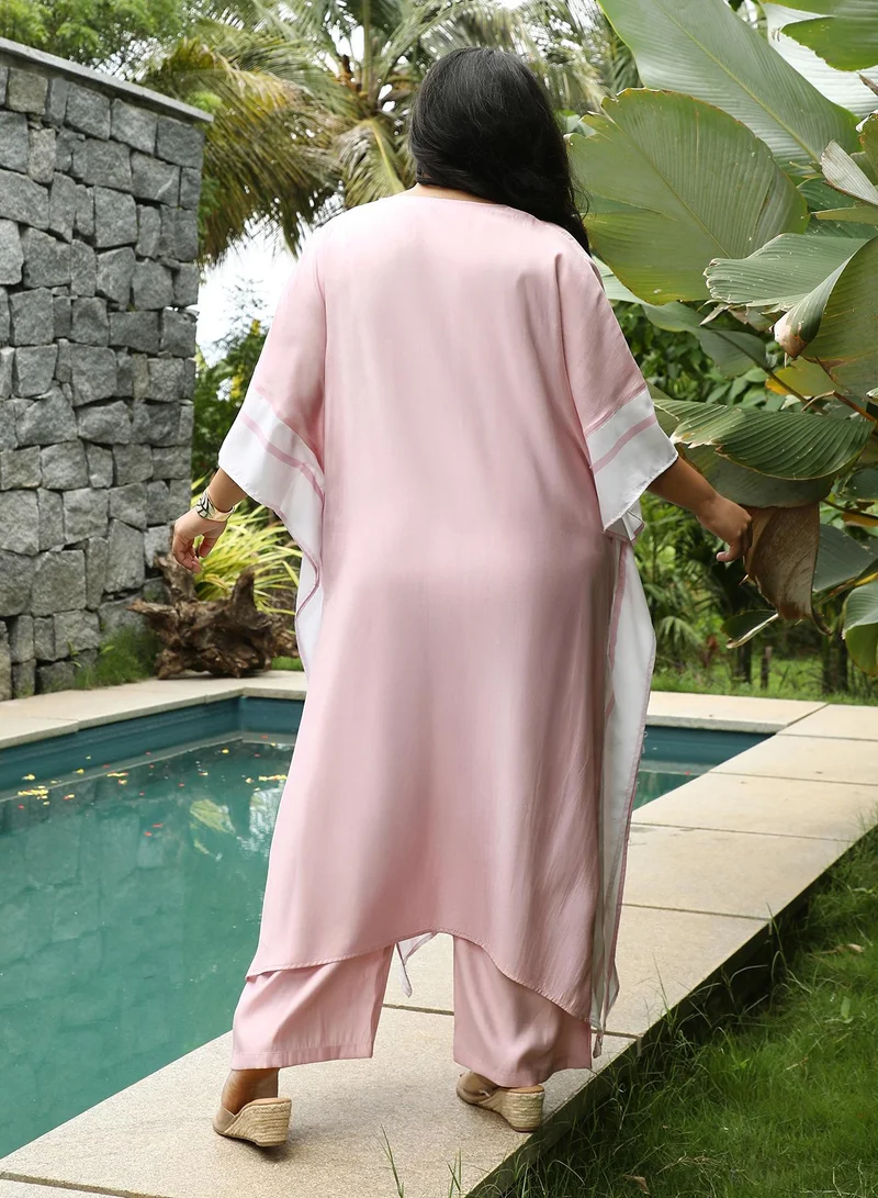 Instafab Plus Instafab Plus Women's Blush Pink Panel-Striped Kaftan Kurta Set For Ethnic Wear | V-Neck, Quarter Kimono Sleeves | Stripes Plain Fabric | 2 Piece Kurta Set For Casual & Evening Wear