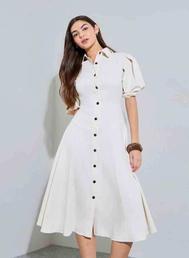ستايلي Cream Balloon Sleeves Shirt Midi Dress