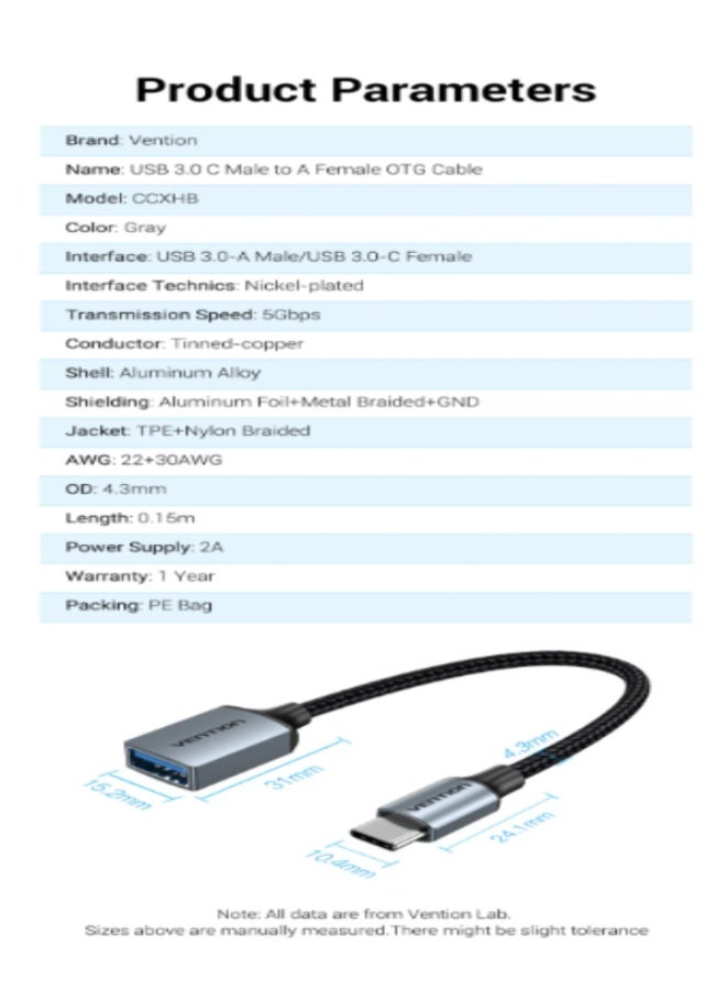 Vention USB 3.0 C Male to A Female OTG Cable 0.15M Gray Aluminum Alloy Type - Image 2