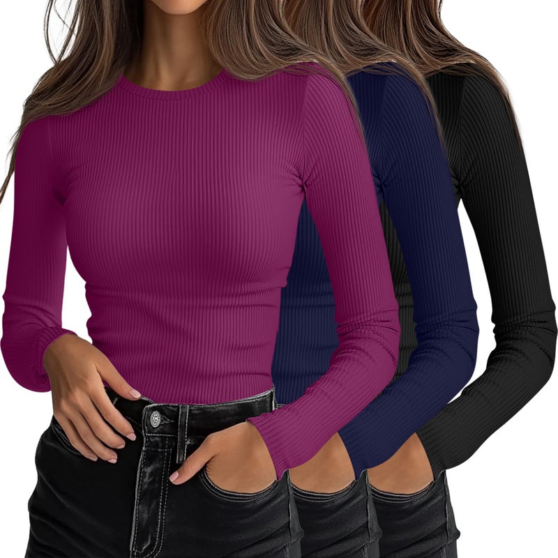Ficerd 3 Pack Womens Ribbed Long Sleeve Tops Crew Neck Slim Fit Knit Undershirts Basic Casual Stretch Layering Tee ShirtsBlack Navy Blue FuchsiaSmall - Image 2