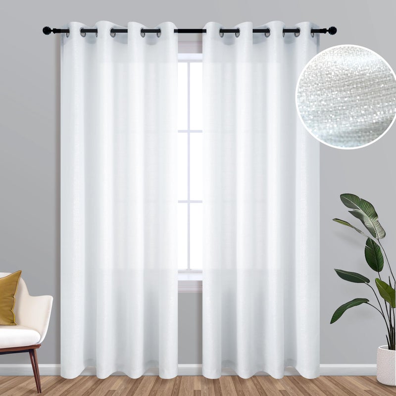 KOUFALL White Curtains 96 Inches Long for Living Room with Silver Textured PatternSheer Semi Light Filtering Grommet 8 FT 8FT Ceiling to Floor Length Curtains for Bedroom