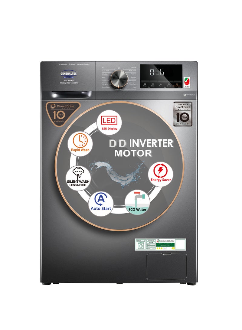 GENERALTEC Generaltec Washing Machine - 10KG 15 Programs Front Load Washer, Steam Wash, 1200 RPM, 5 Star Energy Saving Fully Automatic Washing Machine, Direct Drive, Digital LCD Display, Child Lock,  Model No- GWF10T12DD, Grey Color - Inverter Direct Drive Motor,  10 Years Motor Warranty