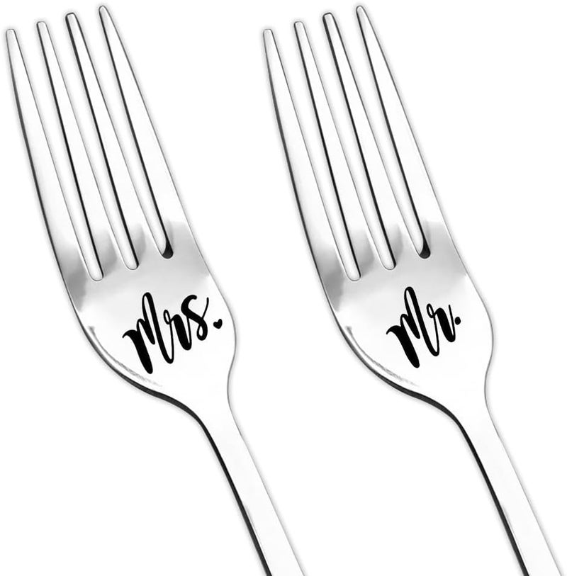 yaozeio Wedding Cake Fork Gifts for Couple Bride and Groom Anniversary Engagament Gifts for Couples Her Fiance Birthday Gifts for Husband Wife Christmas Gift for Girlfriend Boyfriend 2 Pieces Mr and Mrs Forks - Image 1