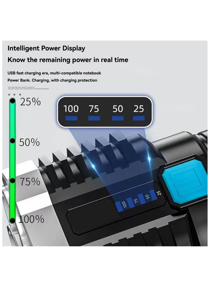 مصباح يدوي متعدد الوظائف بأربع حبات إضاءة قوية مع ضوء جانبي COB، مصباح يدوي خارجي محمول لمسافات طويلة، قابل للتعديل بأربعة أوضاع، بطارية عالية السعة 18650، عمر بطارية طويل للغاية، مصابيح يدوية مقاوم - Image 4