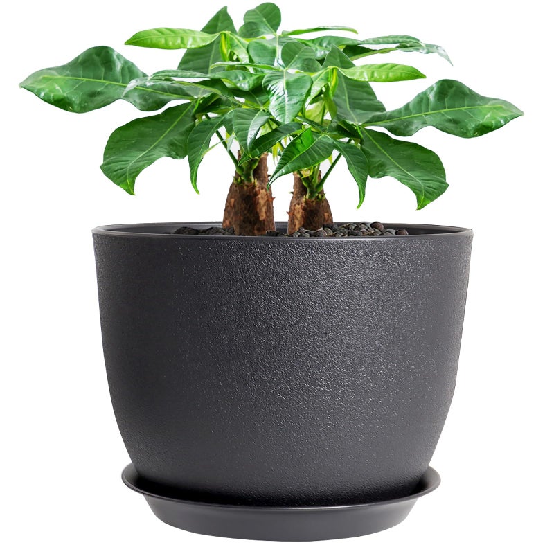 UOUZ 12inch Large Plant Pot, Modern Plastic Planter with High Driange Holes and Saucer for Indoor Outdoor Garden Plants and Flowers, Black - Image 1