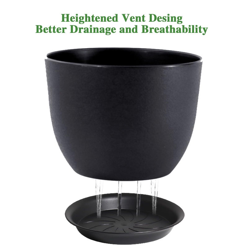 UOUZ 12inch Large Plant Pot, Modern Plastic Planter with High Driange Holes and Saucer for Indoor Outdoor Garden Plants and Flowers, Black - Image 3