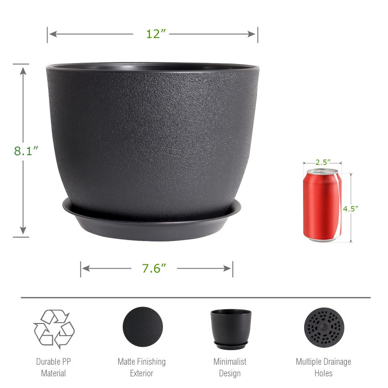 UOUZ 12inch Large Plant Pot, Modern Plastic Planter with High Driange Holes and Saucer for Indoor Outdoor Garden Plants and Flowers, Black - Image 2