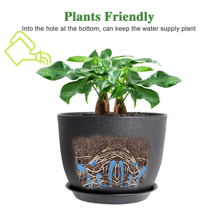 UOUZ 12inch Large Plant Pot, Modern Plastic Planter with High Driange Holes and Saucer for Indoor Outdoor Garden Plants and Flowers, Black - Image 4