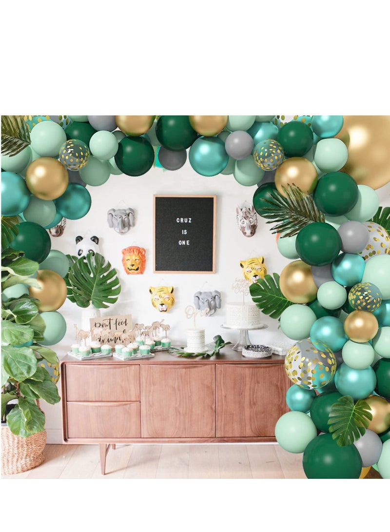 Excefore 121 قطعة من بالونات الحفلة في الغابة وزينات قوس، ذهبي وليموني أخضر مع أوراق النخيل الاستوائية الاصطناعية لتزيين سفاري الديناصورات - Image 3