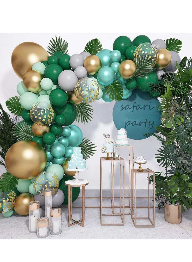 Excefore 121 قطعة من بالونات الحفلة في الغابة وزينات قوس، ذهبي وليموني أخضر مع أوراق النخيل الاستوائية الاصطناعية لتزيين سفاري الديناصورات - Image 4