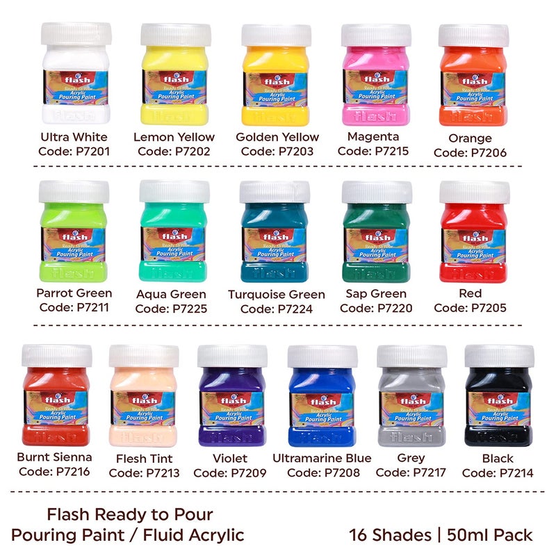 Flash وسيلة صب سريعة للرسم بالأكريليك - مجموعة فن السائل - مجموعة طلاء أكريليك عالية التدفق بـ 16 لون لصبها على القماش والزجاج والورق والخشب والبلاط والحجارة وغيرها - لا حاجة للخلط - 50 مل لكل منها (1.6 أونصة) - متعدد الألوان - Image 2
