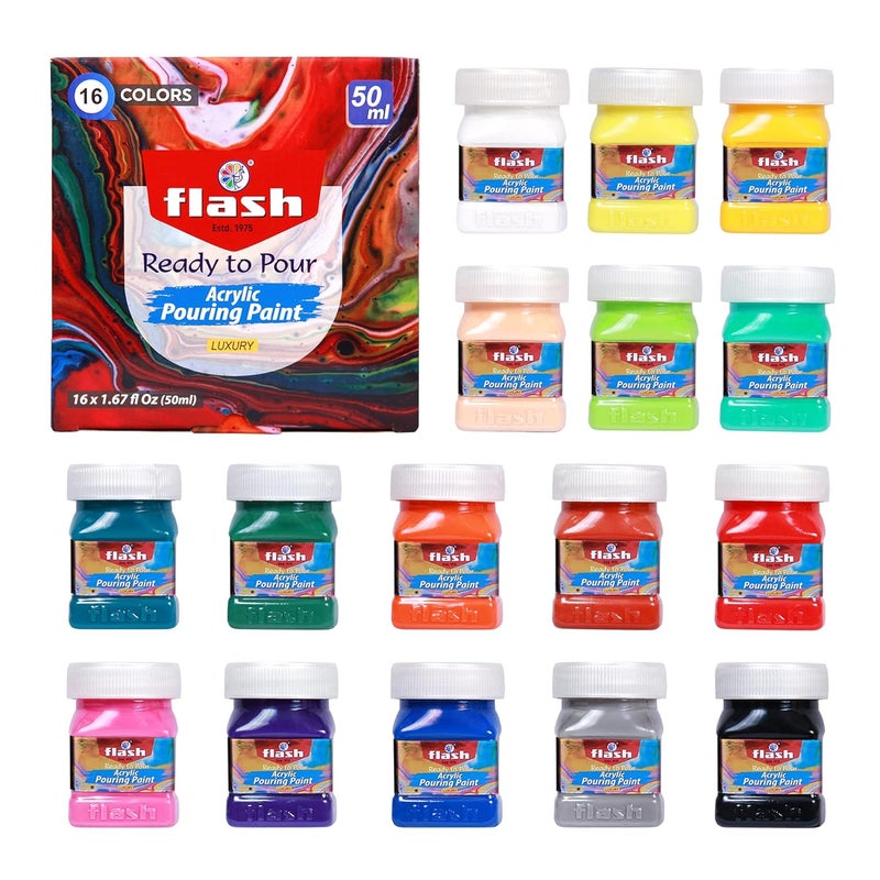 Flash وسيلة صب سريعة للرسم بالأكريليك - مجموعة فن السائل - مجموعة طلاء أكريليك عالية التدفق بـ 16 لون لصبها على القماش والزجاج والورق والخشب والبلاط والحجارة وغيرها - لا حاجة للخلط - 50 مل لكل منها (1.6 أونصة) - متعدد الألوان - Image 1