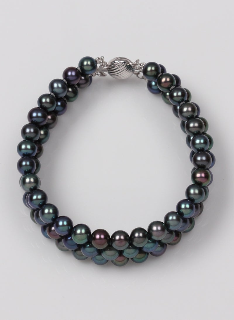 MIKURA Bracelet 3st 19cm, Freshwater Pearls, A Quality, Treated Black Color, 6.5-6.0MM, 18KW  - Image 1