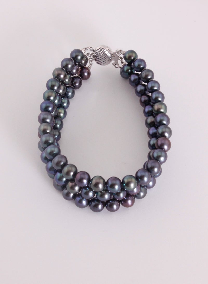 MIKURA Bracelet 3st 19cm, Freshwater Pearls, A Quality, Treated Black Color, 6.5-6.0MM, 18KW  - Image 2