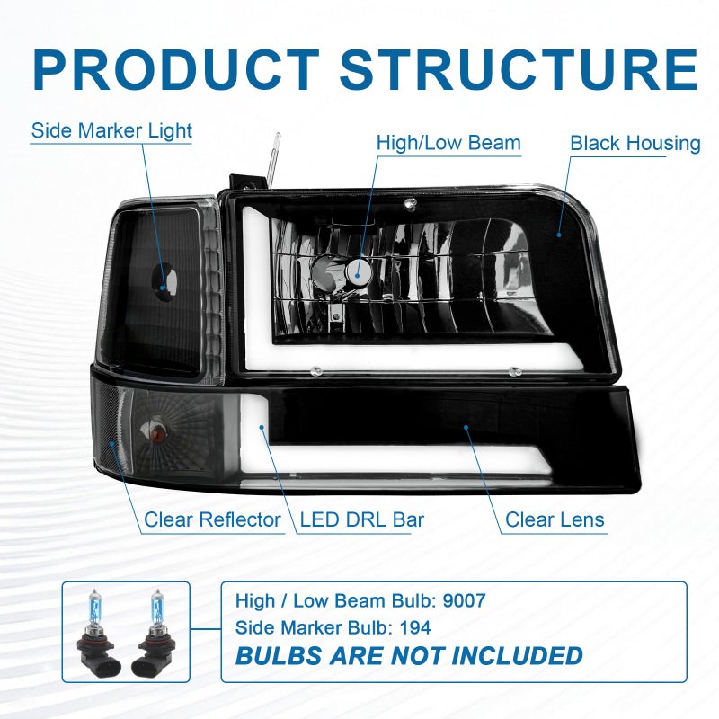 Fullux LED DRL Headlights Compatible with 1992-1996 Ford F150 F250 F350 & Bronco Replacements Headlamp Clear Reflector Black Housing - Image 3