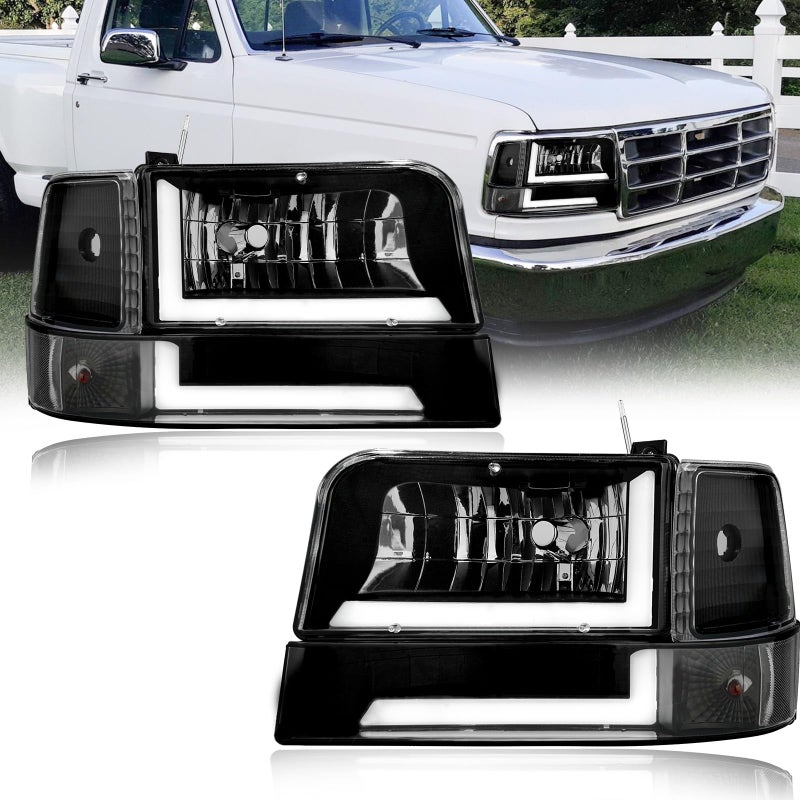 Fullux LED DRL Headlights Compatible with 1992-1996 Ford F150 F250 F350 & Bronco Replacements Headlamp Clear Reflector Black Housing - Image 1