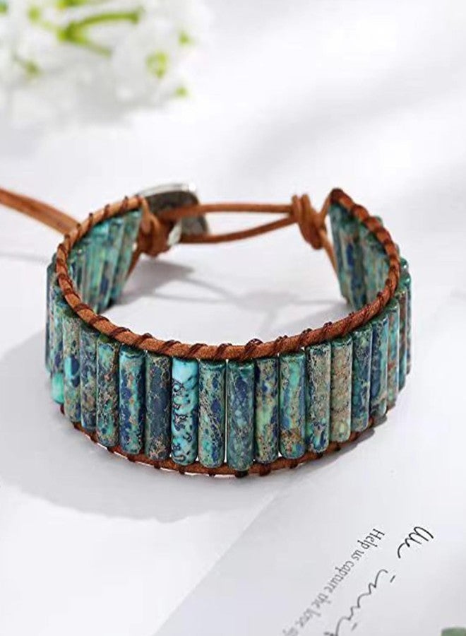 كون بيد أساور كونبيد إمبريال جاسبر للنساء، مصنوعة من خرز الأحجار الكريمة الطبيعية، ملفوفة بالجلد، مصنوعة يدوياً من حبل قابل للتعديل. - Image 4