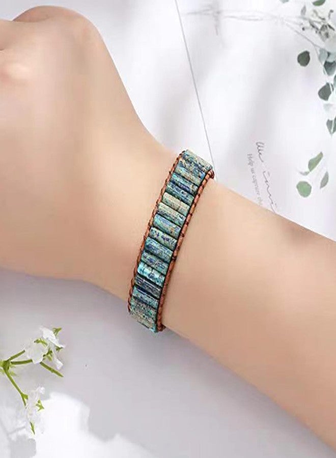 كون بيد أساور كونبيد إمبريال جاسبر للنساء، مصنوعة من خرز الأحجار الكريمة الطبيعية، ملفوفة بالجلد، مصنوعة يدوياً من حبل قابل للتعديل. - Image 3