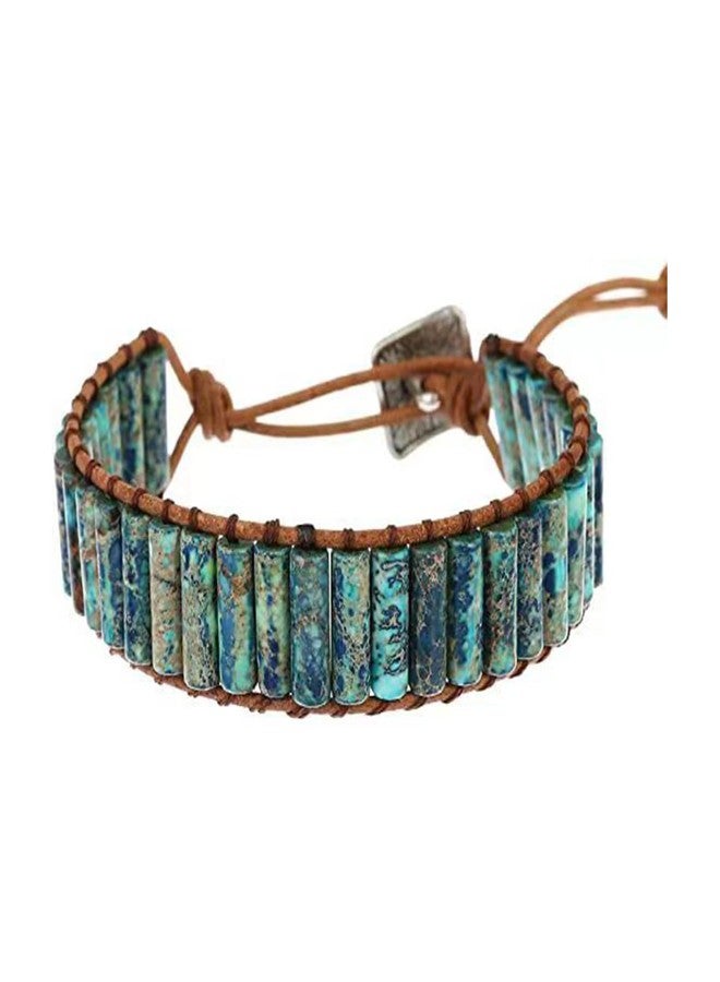 كون بيد أساور كونبيد إمبريال جاسبر للنساء، مصنوعة من خرز الأحجار الكريمة الطبيعية، ملفوفة بالجلد، مصنوعة يدوياً من حبل قابل للتعديل. - Image 2