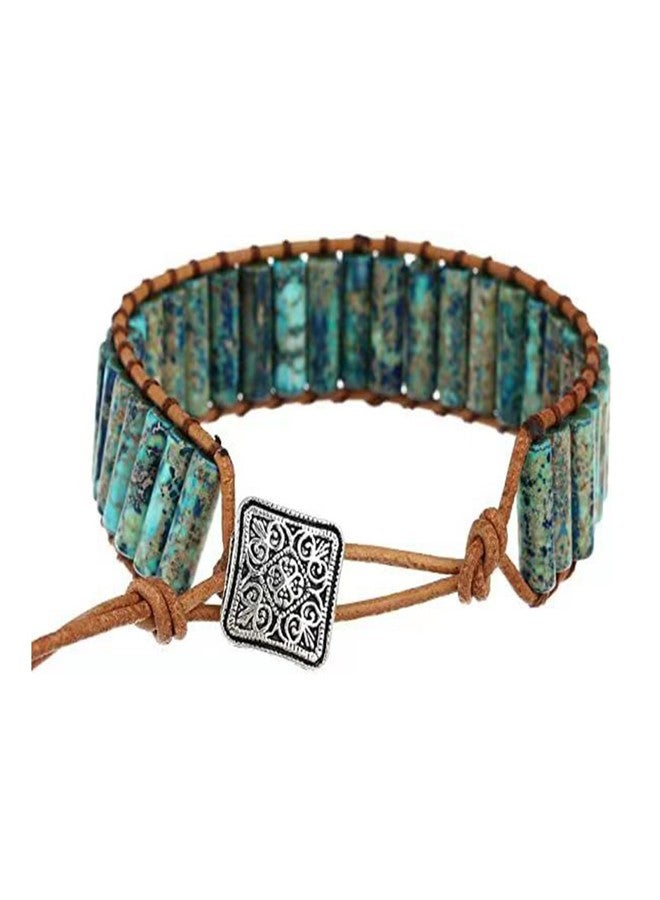 كون بيد أساور كونبيد إمبريال جاسبر للنساء، مصنوعة من خرز الأحجار الكريمة الطبيعية، ملفوفة بالجلد، مصنوعة يدوياً من حبل قابل للتعديل. - Image 1