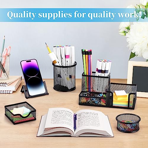 Byjoph Mesh Pen Holder for Desk Pencil Holders 5 Pieces Desk Organizer Office Supplies Caddy with Sticky Notes Holder for Office School Home Black - Image 3