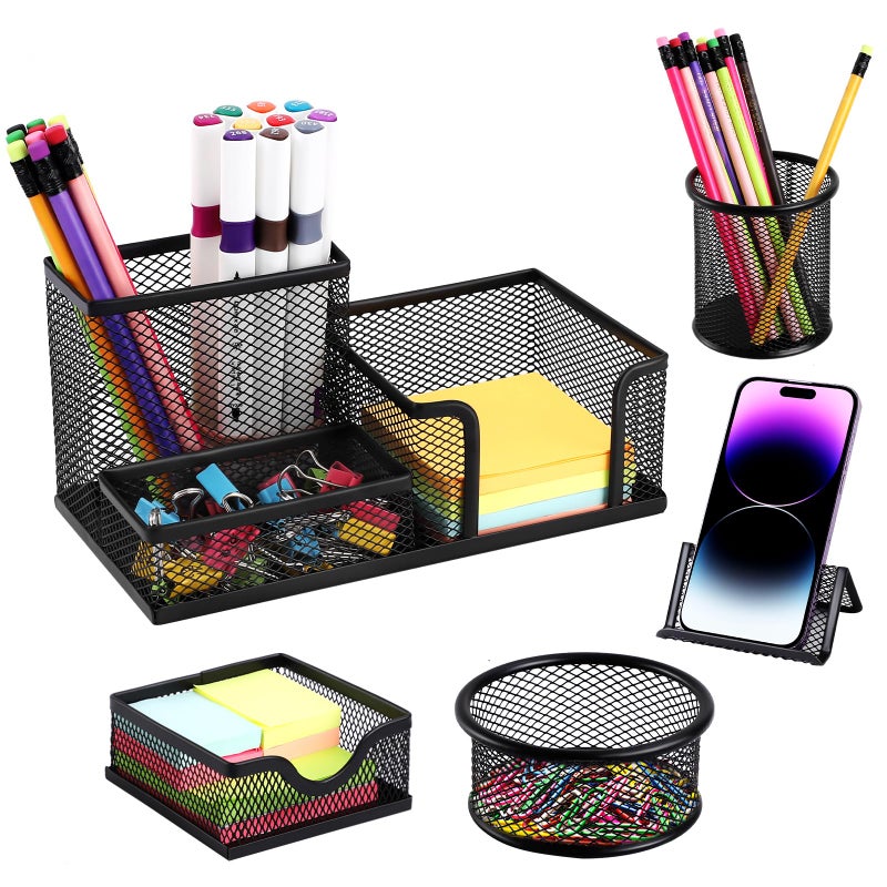 Byjoph Mesh Pen Holder for Desk Pencil Holders 5 Pieces Desk Organizer Office Supplies Caddy with Sticky Notes Holder for Office School Home Black - Image 2