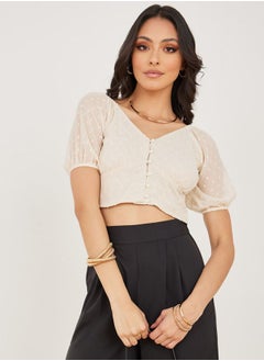 Dobby Pearl Button Loop Closure Crop Blouse