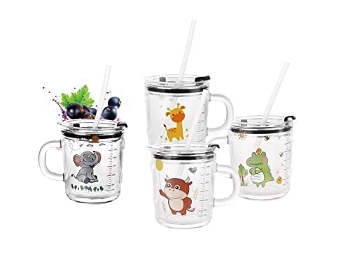 IndusBay IndusBay Cartoon Printed Milk Glass Sipper Mug Jar with Silicone Straw and Lid Measuring Scale Drinking Cup for Kids Boys and Girls Perfect for MilkJuiceCoffee Set of 1 350 ml Multicolor  - Image 2