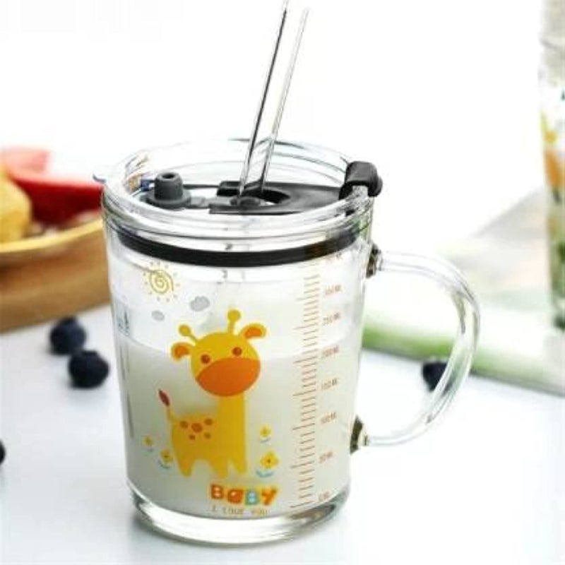 IndusBay IndusBay Cartoon Printed Milk Glass Sipper Mug Jar with Silicone Straw and Lid Measuring Scale Drinking Cup for Kids Boys and Girls Perfect for MilkJuiceCoffee Set of 1 350 ml Multicolor  - Image 1