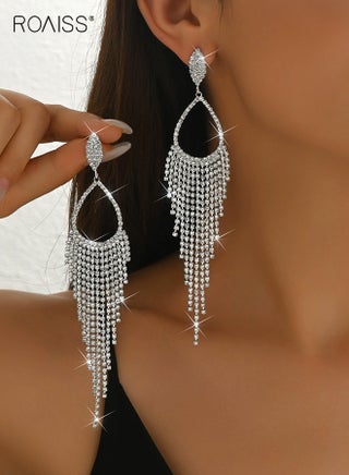 أقراط طويلة من حجر الراين بشراشيب للنساء، أقراط متدلية من الفضة مع زركونيا مكعب، أقراط متدلية أنيقة من الكريستال على شكل سلسلة مجوهرات عصرية لحفلات التخرج