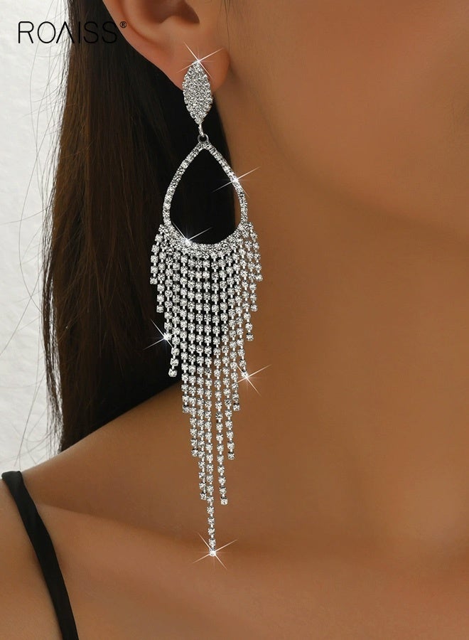 أقراط طويلة من حجر الراين بشراشيب للنساء، أقراط متدلية من الفضة مع زركونيا مكعب، أقراط متدلية أنيقة من الكريستال على شكل سلسلة مجوهرات عصرية لحفلات التخرج