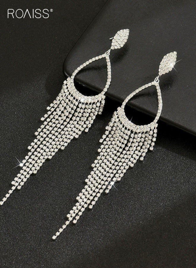 أقراط طويلة من حجر الراين بشراشيب للنساء، أقراط متدلية من الفضة مع زركونيا مكعب، أقراط متدلية أنيقة من الكريستال على شكل سلسلة مجوهرات عصرية لحفلات التخرج