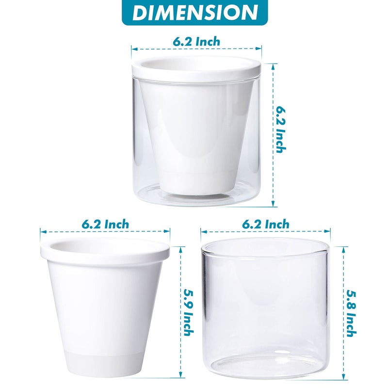 D'vine Dev 6 Inch Design Self Watering Planter for Indoor Plants, White Terracotta Pots with Cylinder Glass Cup, Set of 2, 37-Y-B-2 - Image 3