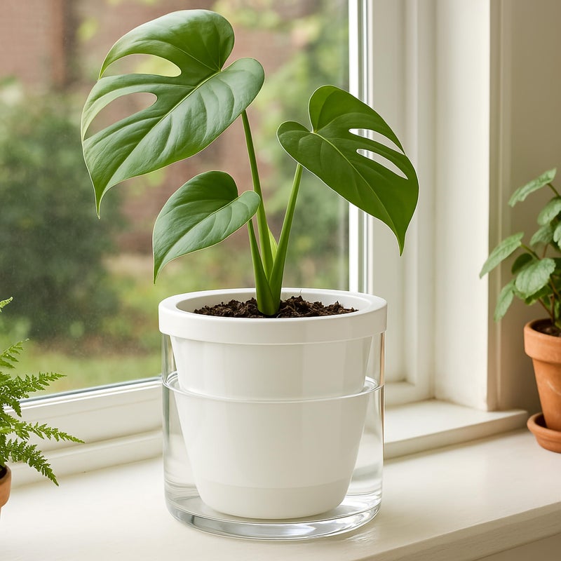 D'vine Dev 6 Inch Design Self Watering Planter for Indoor Plants, White Terracotta Pots with Cylinder Glass Cup, Set of 2, 37-Y-B-2 - Image 2