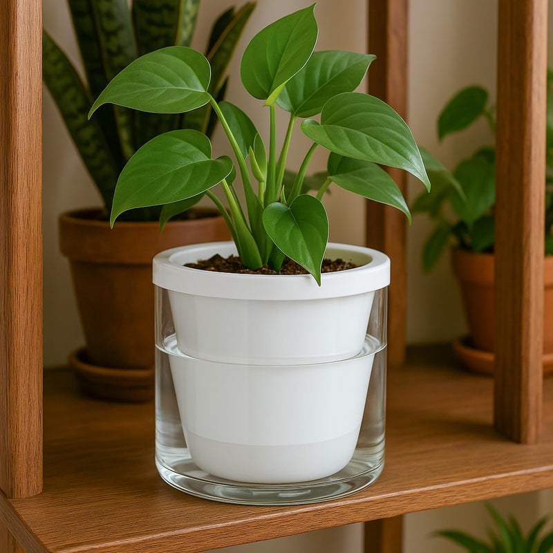 D'vine Dev 6 Inch Design Self Watering Planter for Indoor Plants, White Terracotta Pots with Cylinder Glass Cup, Set of 2, 37-Y-B-2 - Image 5