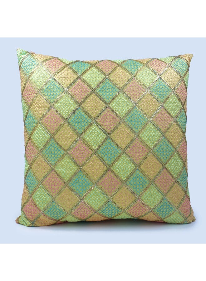 BYFT Orchard Cushion Cover 18 x 18 inch (Diagonal Checks Design - Green and beige/golden) 45 x 45 cm Luxury Decorative Cushion Cover for Sofa, Bed & Living Room- Set of 2 without inserts - Image 2