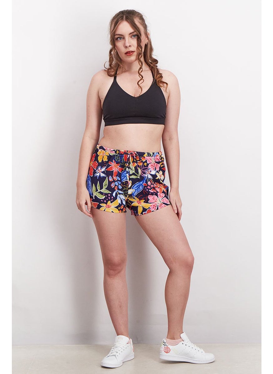 Tchibo Women Floral Print Drawstring Shorts, Navy Combo  - Image 2