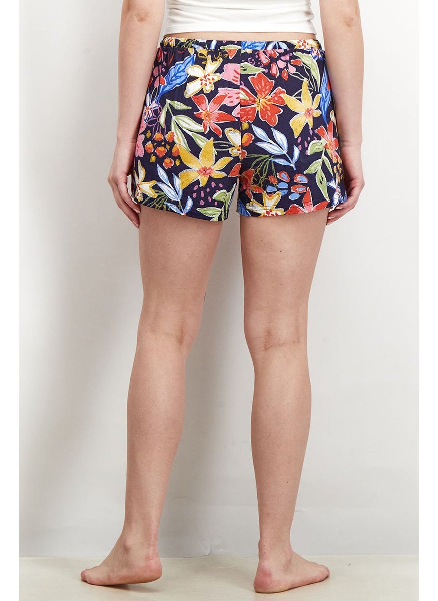Tchibo Women Floral Print Drawstring Shorts, Navy Combo  - Image 4