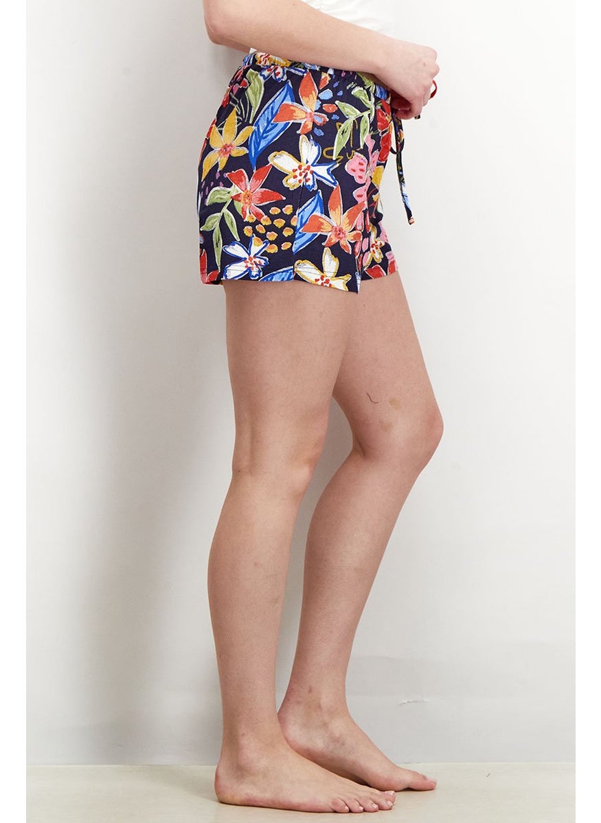 Tchibo Women Floral Print Drawstring Shorts, Navy Combo  - Image 3