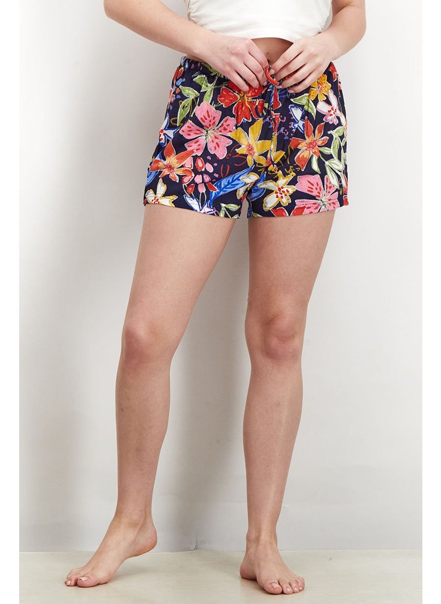 Tchibo Women Floral Print Drawstring Shorts, Navy Combo  - Image 1