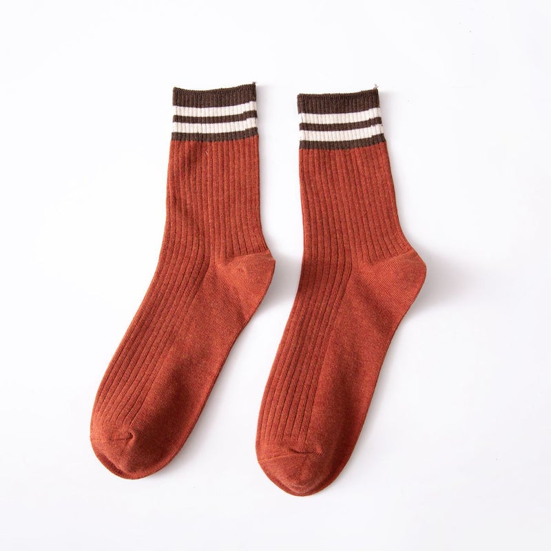 Womens socks Spring and Autumn Mid-calf socks two bars high mouth womens stockings Japanese style all-Match sports socks stall socks wholesale Khaki - Image 2