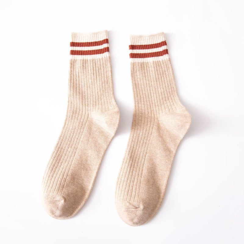 Womens socks Spring and Autumn Mid-calf socks two bars high mouth womens stockings Japanese style all-Match sports socks stall socks wholesale Khaki - Image 1