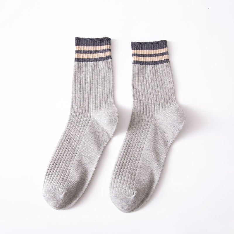 Womens socks Spring and Autumn Mid-calf socks two bars high mouth womens stockings Japanese style all-Match sports socks stall socks wholesale Khaki - Image 3