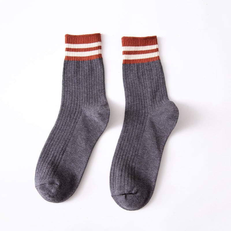 Womens socks Spring and Autumn Mid-calf socks two bars high mouth womens stockings Japanese style all-Match sports socks stall socks wholesale Khaki - Image 4