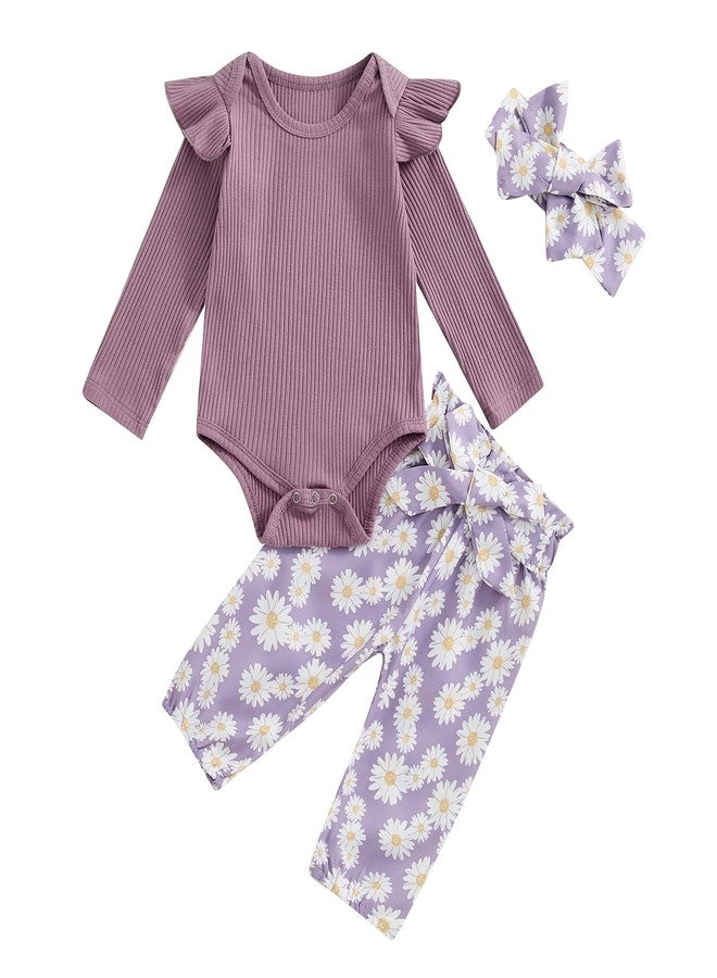 Brvxia Baby Girl Fall Outfits Long Sleeve Ruffled Ribbed Knit Romper Daisy Print Pants Winter Clothes 3 6 9 12 18 Months (Purple, 0-3 Months) - Image 1