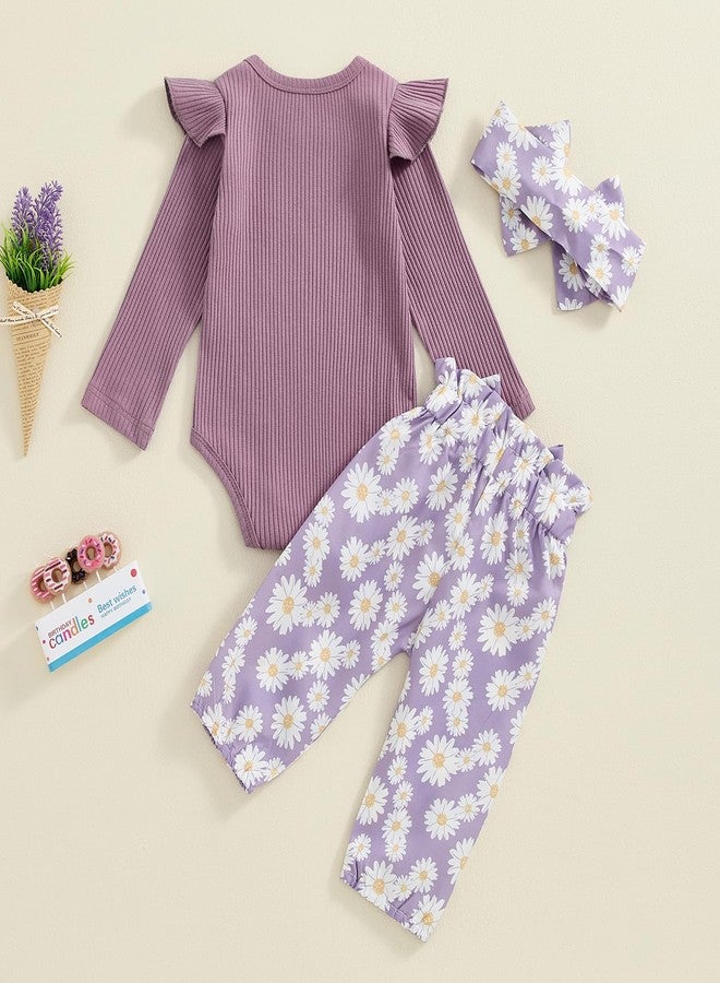 Brvxia Baby Girl Fall Outfits Long Sleeve Ruffled Ribbed Knit Romper Daisy Print Pants Winter Clothes 3 6 9 12 18 Months (Purple, 0-3 Months) - Image 2