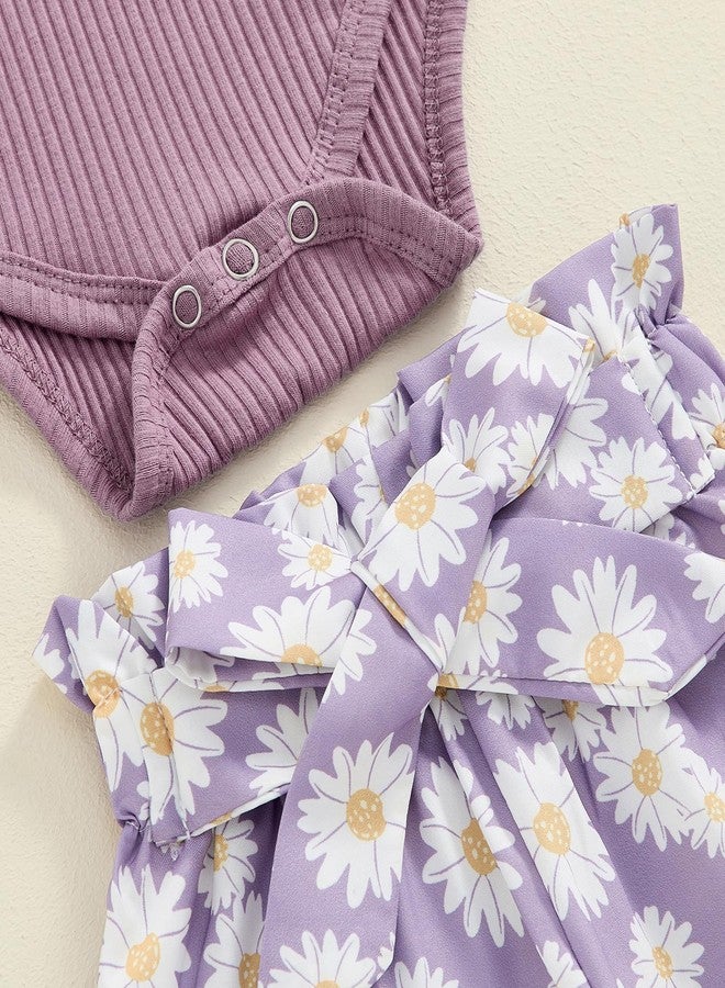 Brvxia Baby Girl Fall Outfits Long Sleeve Ruffled Ribbed Knit Romper Daisy Print Pants Winter Clothes 3 6 9 12 18 Months (Purple, 0-3 Months) - Image 5