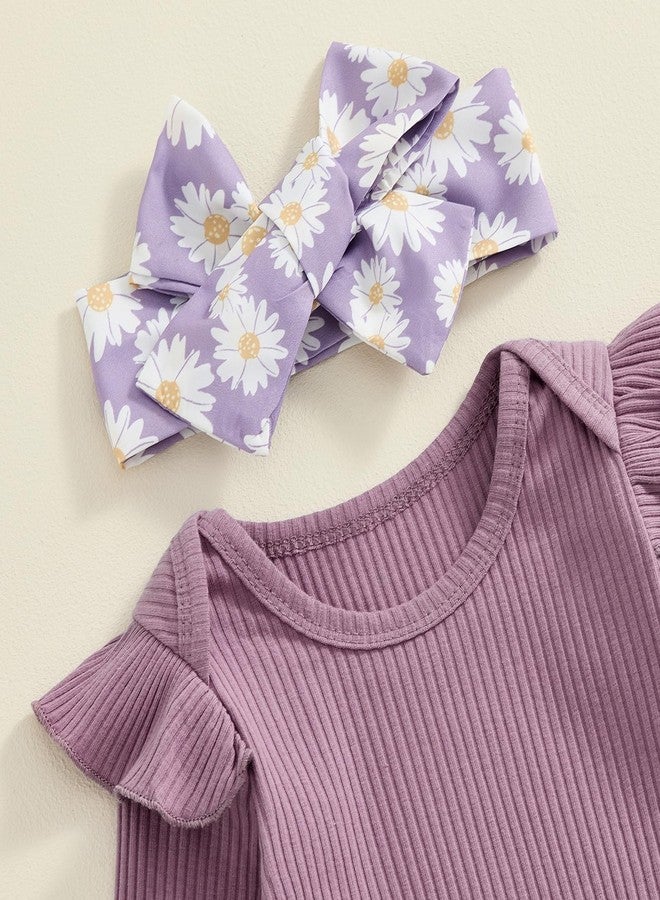 Brvxia Baby Girl Fall Outfits Long Sleeve Ruffled Ribbed Knit Romper Daisy Print Pants Winter Clothes 3 6 9 12 18 Months (Purple, 0-3 Months) - Image 3